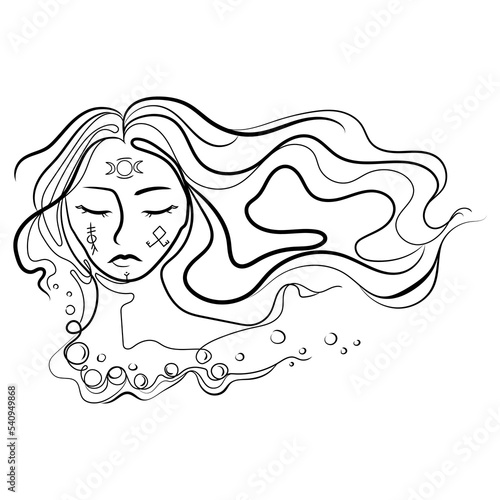 Abstract line art woman portrait with long flowing hair and scandinavian runes and triune moon sign on face,liner drawing vector illustration,Young fantasy girl,witch.Tattoo idea,modern fashion print.