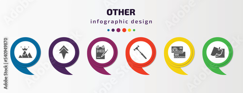 other infographic template with icons and 6 step or option. other icons such as king of the hill, arrowup, paper list and a pencil, work hammer, sea business card, two post it vector. can be used
