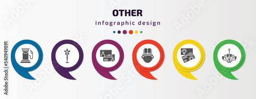 other infographic template with icons and 6 step or option. other icons such as fuel service, star prize, chemistry business card, self learning, idea business card, chandeliers vector. can be used