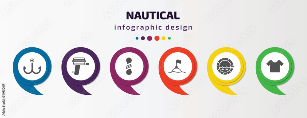 nautical infographic template with icons and 6 step or option. nautical icons such as double bait, boat engine, knot, buoys, porthole, shirt vector. can be used for banner, info graph, web, nautical infographic template with icons and 6 step or option. nautical icons such as double bait, boat engine, knot, buoys, porthole, shirt vector. can be used for banner, info graph, web,
