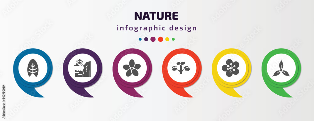nature infographic template with icons and 6 step or option. nature icons such as spear shaped, cliff, oleander, pitch pine tree, orchid, iris vector. can be used for banner, info graph, web, nature infographic template with icons and 6 step or option. nature icons such as spear shaped, cliff, oleander, pitch pine tree, orchid, iris vector. can be used for banner, info graph, web,