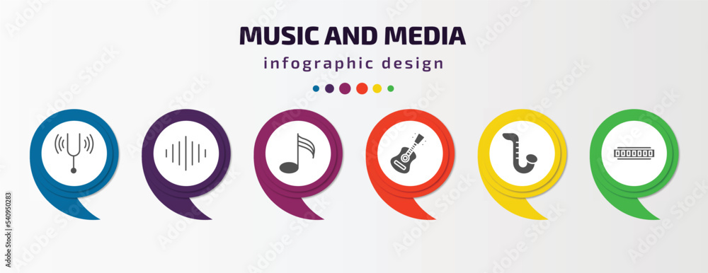 music and media infographic template with icons and 6 step or option. music and media icons such as tuning fork, acoustic, demisemiquaver, acoustic guitar, saxophone, harmonica vector. can be used music and media infographic template with icons and 6 step or option. music and media icons such as tuning fork, acoustic, demisemiquaver, acoustic guitar, saxophone, harmonica vector. can be used