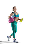 Sports transparent background. Beautiful slim sporty young girl is preparing for joint training.