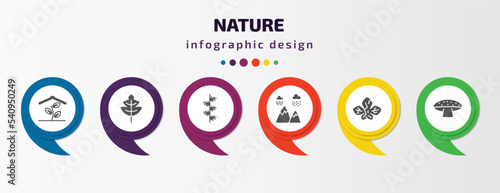 nature infographic template with icons and 6 step or option. nature icons such as indoor, tree leave, larch leaf, rainy landscape, dry leaf, amanita vector. can be used for banner, info graph, web,
