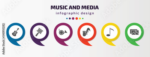 music and media infographic template with icons and 6 step or option. music and media icons such as ukelele, cabasa, french horn, jazz, semiquaver, album vector. can be used for banner, info graph,