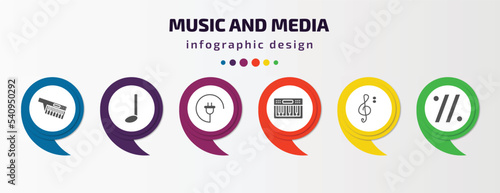music and media infographic template with icons and 6 step or option. music and media icons such as keytar, quarter note, charging plug, music keyboard, octave clef, simile vector. can be used for