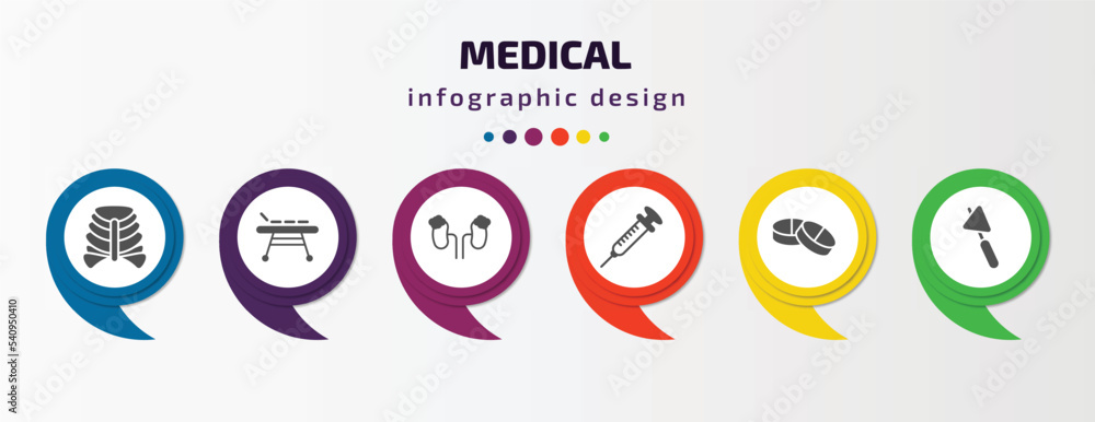 medical infographic template with icons and 6 step or option. medical icons such as sternum, table of treatments, adrenal gland, syringe with medicine, tablets, medical hammer tool vector. can be medical infographic template with icons and 6 step or option. medical icons such as sternum, table of treatments, adrenal gland, syringe with medicine, tablets, medical hammer tool vector. can be