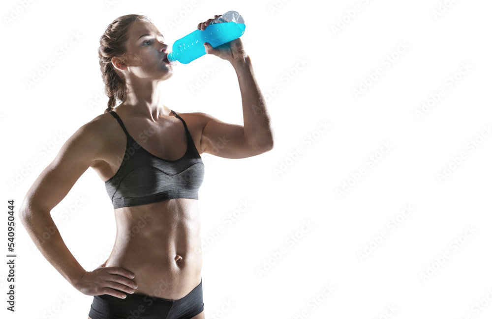 Sports transparent buckground. Beautiful slim sporty young girl is  preparing for joint training. Stock Photo