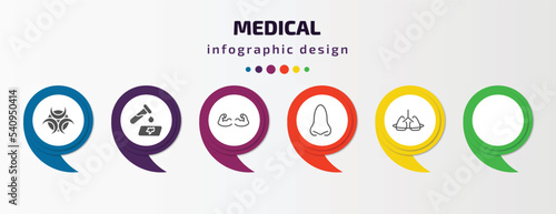 medical infographic template with icons and 6 step or option. medical icons such as biological warning, blood analysis, strong, , e, breath control vector. can be used for banner, info graph, web,
