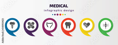 medical infographic template with icons and 6 step or option. medical icons such as implants, plastering, colon, molar tooth, cure, knee vector. can be used for banner, info graph, web,