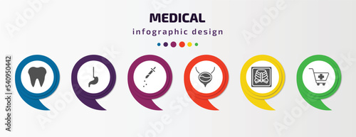 medical infographic template with icons and 6 step or option. medical icons such as tooth, esophagus, eye dropper, bladder, x ray of bones, phary shopping cart vector. can be used for banner, info