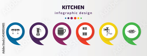 kitchen infographic template with icons and 6 step or option. kitchen icons such as tablecloth, coffee maker, mug, kitchen cabinet, meat grinder, paella vector. can be used for banner, info graph,