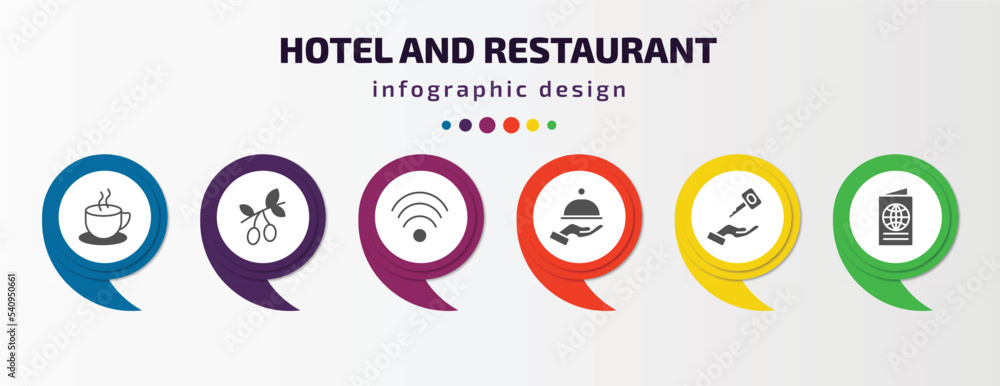 hotel and restaurant infographic template with icons and 6 step or option. hotel and restaurant icons such as coffee, olives, free wifi, restaurant tray, valet, passport vector. can be used for hotel and restaurant infographic template with icons and 6 step or option. hotel and restaurant icons such as coffee, olives, free wifi, restaurant tray, valet, passport vector. can be used for