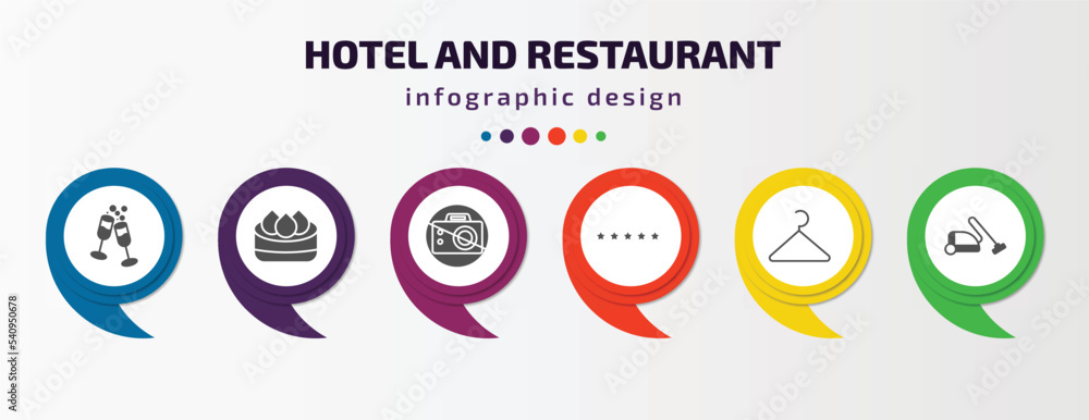 hotel and restaurant infographic template with icons and 6 step or option. hotel and restaurant icons such as champagne, dim sum, no pictures, five stars, hanger, vacuum cleaner vector. can be used hotel and restaurant infographic template with icons and 6 step or option. hotel and restaurant icons such as champagne, dim sum, no pictures, five stars, hanger, vacuum cleaner vector. can be used