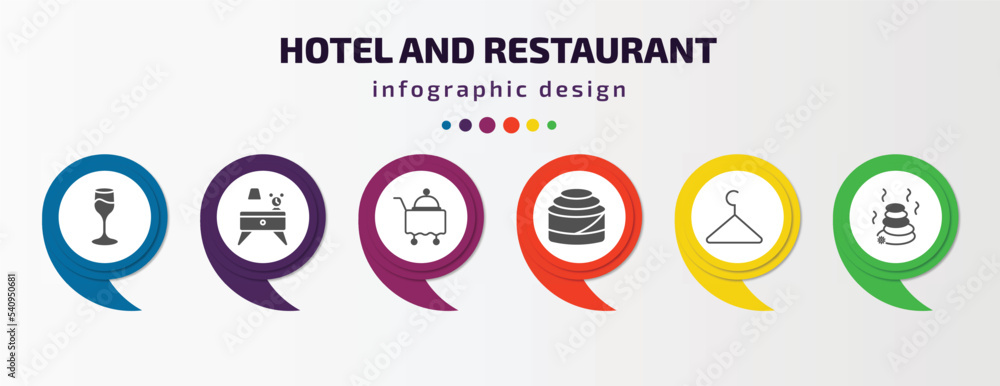 hotel and restaurant infographic template with icons and 6 step or option. hotel and restaurant icons such as wine glass, nightstand, room service, cinnamon roll, checkroom, hot stones vector. can hotel and restaurant infographic template with icons and 6 step or option. hotel and restaurant icons such as wine glass, nightstand, room service, cinnamon roll, checkroom, hot stones vector. can