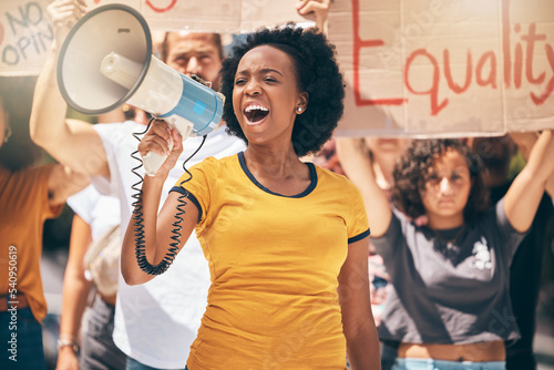 Obraz na płótnie Megaphone, freedom or women equality protest for global change, gender equality or black woman speaker fight for support
