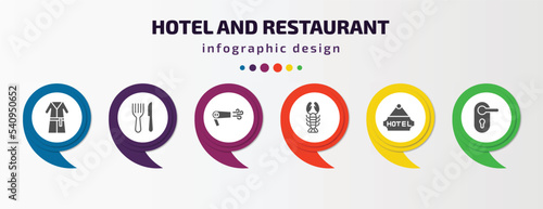 hotel and restaurant infographic template with icons and 6 step or option. hotel and restaurant icons such as bathrobe, cutlery, hairdryer, lobster, hotel, doorknob vector. can be used for banner,