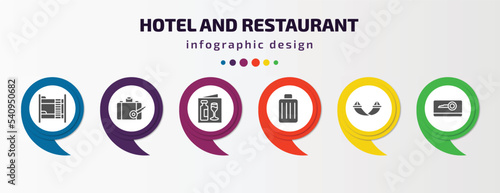 hotel and restaurant infographic template with icons and 6 step or option. hotel and restaurant icons such as bunk, left-luggage, wine menu, luggage, hammock, key card vector. can be used for