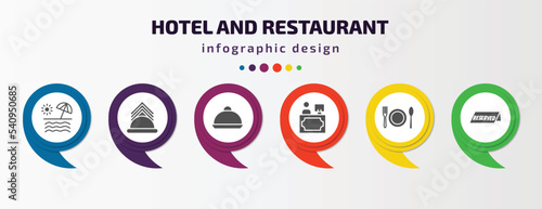 hotel and restaurant infographic template with icons and 6 step or option. hotel and restaurant icons such as beach, napkins, dish, reception, food, reserved vector. can be used for banner, info