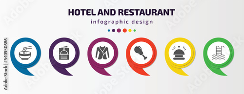 hotel and restaurant infographic template with icons and 6 step or option. hotel and restaurant icons such as ramen, menu, suits, fried chicken, reception bell, pool vector. can be used for banner,