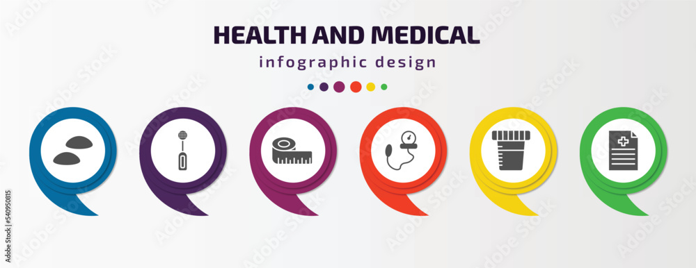 health and medical infographic template with icons and 6 step or option. health and medical icons such as breast implant, electric toothbrush, measure tape, tonometer, urine, medical file vector. health and medical infographic template with icons and 6 step or option. health and medical icons such as breast implant, electric toothbrush, measure tape, tonometer, urine, medical file vector.