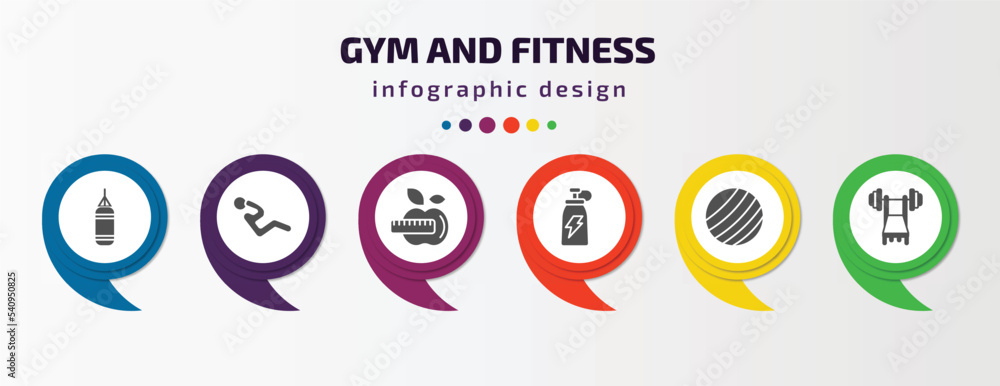 gym and fitness infographic template with icons and 6 step or option. gym and fitness icons such as boxing bag, abdominal exercises, fitness nutrition, drink, gymnastic ball, barbell bench press gym and fitness infographic template with icons and 6 step or option. gym and fitness icons such as boxing bag, abdominal exercises, fitness nutrition, drink, gymnastic ball, barbell bench press