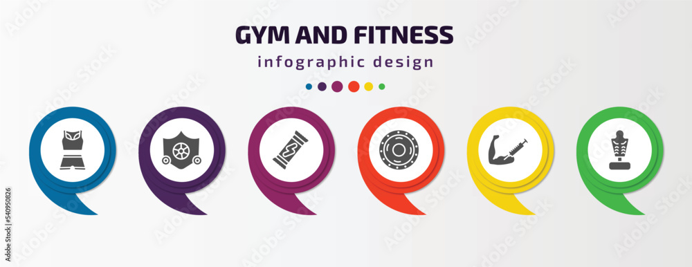 gym and fitness infographic template with icons and 6 step or option. gym and fitness icons such as female sportwear, elevation mask, energy snack, weight drive, steroids, boxing mannequin vector. gym and fitness infographic template with icons and 6 step or option. gym and fitness icons such as female sportwear, elevation mask, energy snack, weight drive, steroids, boxing mannequin vector.
