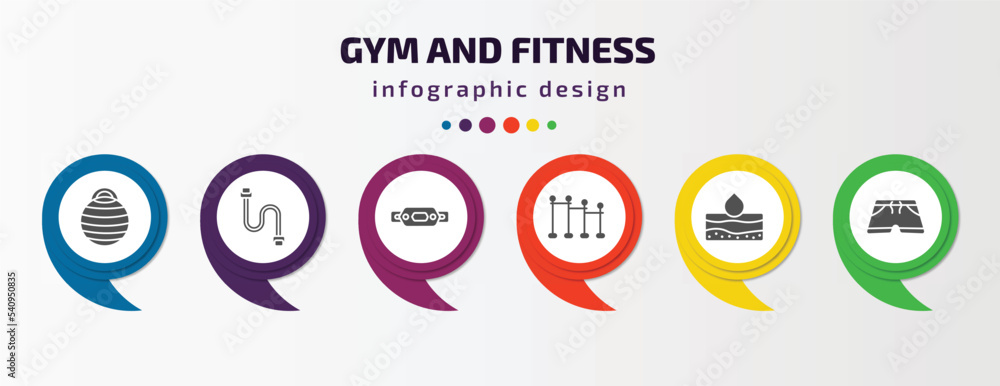 gym and fitness infographic template with icons and 6 step or option. gym and fitness icons such as fitness ball, chest expanders, belt, horizontal bar, hydratation, shorts vector. can be used for gym and fitness infographic template with icons and 6 step or option. gym and fitness icons such as fitness ball, chest expanders, belt, horizontal bar, hydratation, shorts vector. can be used for