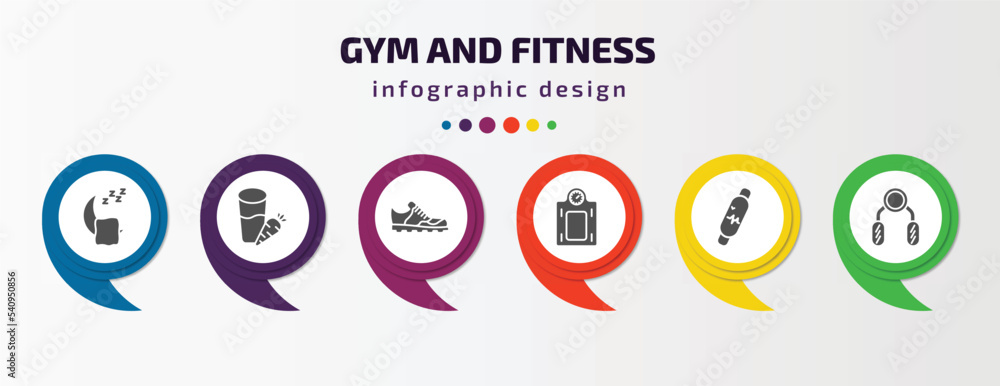 gym and fitness infographic template with icons and 6 step or option. gym and fitness icons such as sleep, vegetables juice, trainers, weighing scale, fitness bracelet, sport expander vector. can be gym and fitness infographic template with icons and 6 step or option. gym and fitness icons such as sleep, vegetables juice, trainers, weighing scale, fitness bracelet, sport expander vector. can be