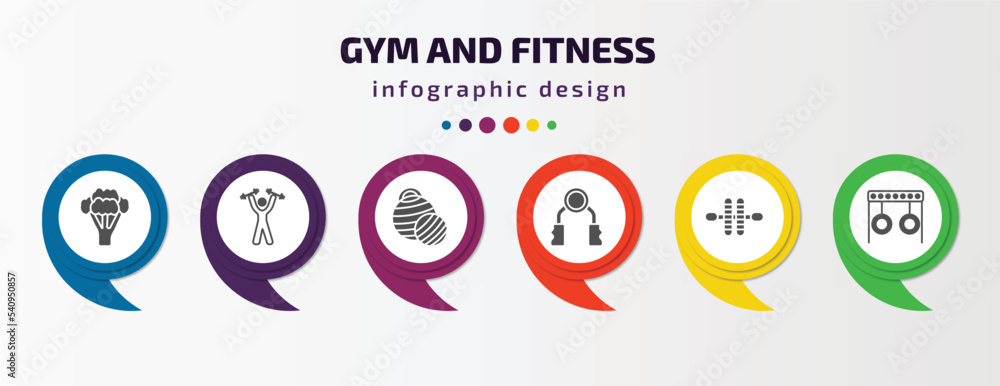 gym and fitness infographic template with icons and 6 step or option. gym and fitness icons such as broccoli porcion, lifting dumbbells, pilates ball, grip, gymnastic roller, rings exercises vector. gym and fitness infographic template with icons and 6 step or option. gym and fitness icons such as broccoli porcion, lifting dumbbells, pilates ball, grip, gymnastic roller, rings exercises vector.