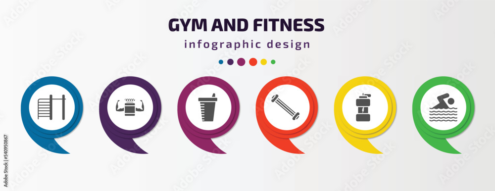 gym and fitness infographic template with icons and 6 step or option. gym and fitness icons such as tightening bar, protein, protein shake, arms extender, isotonic, man swimming vector. can be used gym and fitness infographic template with icons and 6 step or option. gym and fitness icons such as tightening bar, protein, protein shake, arms extender, isotonic, man swimming vector. can be used