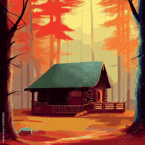 Autumn forest with wooden house on glade. Vector cartoon illustration of deep woods landscape with forester hut, grass and orange trees. Fall scene with cottage