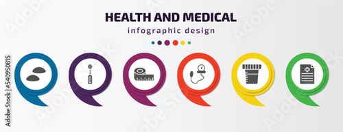 health and medical infographic template with icons and 6 step or option. health and medical icons such as breast implant, electric toothbrush, measure tape, tonometer, urine, medical file vector.