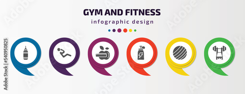 gym and fitness infographic template with icons and 6 step or option. gym and fitness icons such as boxing bag, abdominal exercises, fitness nutrition, drink, gymnastic ball, barbell bench press