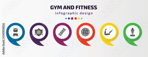 gym and fitness infographic template with icons and 6 step or option. gym and fitness icons such as female sportwear, elevation mask, energy snack, weight drive, steroids, boxing mannequin vector.
