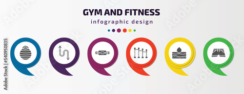 gym and fitness infographic template with icons and 6 step or option. gym and fitness icons such as fitness ball, chest expanders, belt, horizontal bar, hydratation, shorts vector. can be used for