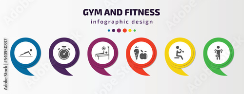 gym and fitness infographic template with icons and 6 step or option. gym and fitness icons such as pushups exercises, big stopwatch, press, carrot dumbbells exercise, anatomy vector. can be used