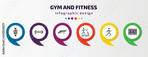 gym and fitness infographic template with icons and 6 step or option. gym and fitness icons such as sport watch, resistance, simulator for press, running treadmill, stretching leg exercise, locker