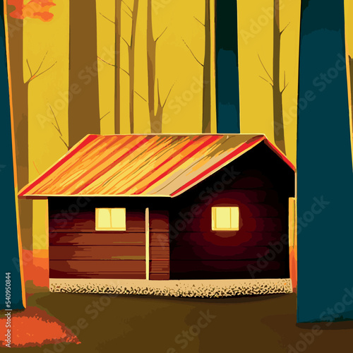 Autumn forest with wooden house on glade. Vector cartoon illustration of deep woods landscape with forester hut, grass and orange trees. Fall scene with cottage