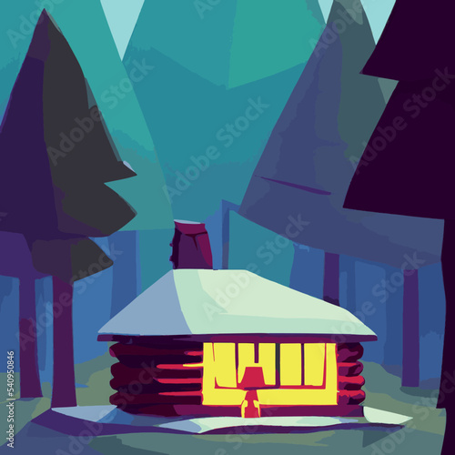 Autumn forest with wooden house on glade. Vector cartoon illustration of deep woods landscape with forester hut, grass and orange trees. Fall scene with cottage