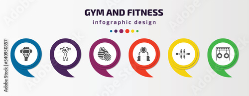 gym and fitness infographic template with icons and 6 step or option. gym and fitness icons such as broccoli porcion, lifting dumbbells, pilates ball, grip, gymnastic roller, rings exercises vector.