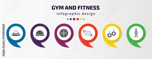 gym and fitness infographic template with icons and 6 step or option. gym and fitness icons such as gym bag, bosu ball, power ball, resistance band, gymnastic rings, stick man hoop vector. can be