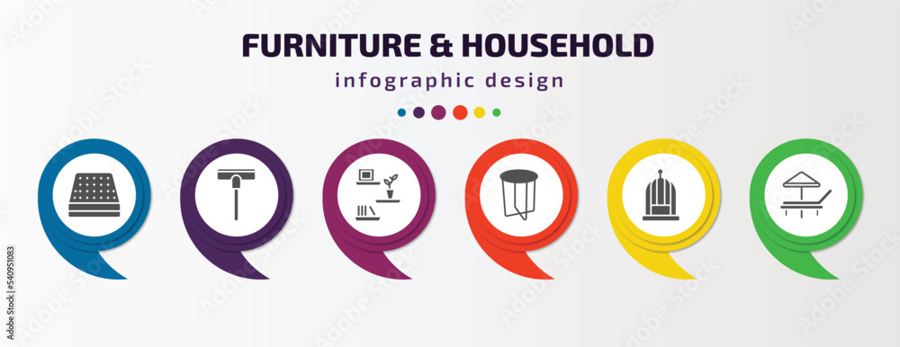 furniture & household infographic template with icons and 6 step or option. furniture & household icons such as mattress, carpet sweeper, wall shelves, side table, bird cage, lounger vector. can be furniture & household infographic template with icons and 6 step or option. furniture & household icons such as mattress, carpet sweeper, wall shelves, side table, bird cage, lounger vector. can be
