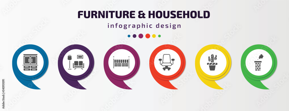 furniture & household infographic template with icons and 6 step or option. furniture & household icons such as armoire, living room, crib, desk chair, cactus, chimney vector. can be used for furniture & household infographic template with icons and 6 step or option. furniture & household icons such as armoire, living room, crib, desk chair, cactus, chimney vector. can be used for