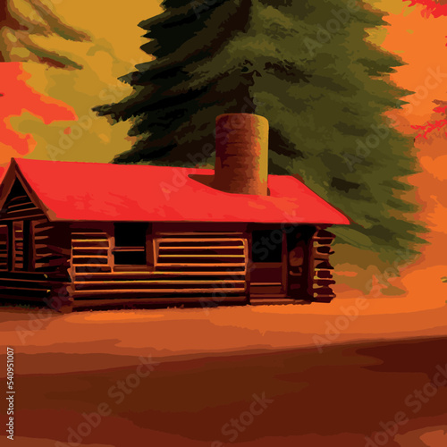 Autumn forest with wooden house on glade. Vector cartoon illustration of deep woods landscape with forester hut, grass and orange trees. Fall scene with cottage