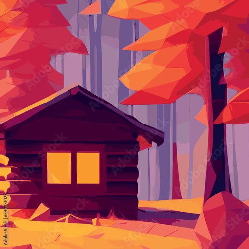 Autumn forest with wooden house on glade. Vector cartoon illustration of deep woods landscape with forester hut, grass and orange trees. Fall scene with cottage