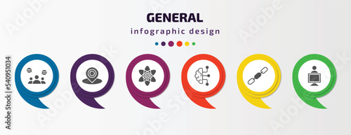general infographic template with icons and 6 step or option. general icons such as group opinion, coordinate, core values, business intelligence, chain, coworking vector. can be used for banner,