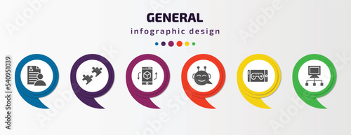 general infographic template with icons and 6 step or option. general icons such as hr policies, compatibility, ar app, chat bot, ar game, bpm vector. can be used for banner, info graph, web,