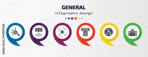 general infographic template with icons and 6 step or option. general icons such as hr solutions, active sensor, implementation, atm cash, impeachment, ar presentation vector. can be used for