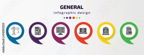 general infographic template with icons and 6 step or option. general icons such as building crane, ecommerce strategy, computer vision, digital economy, business incubator, credit history vector.